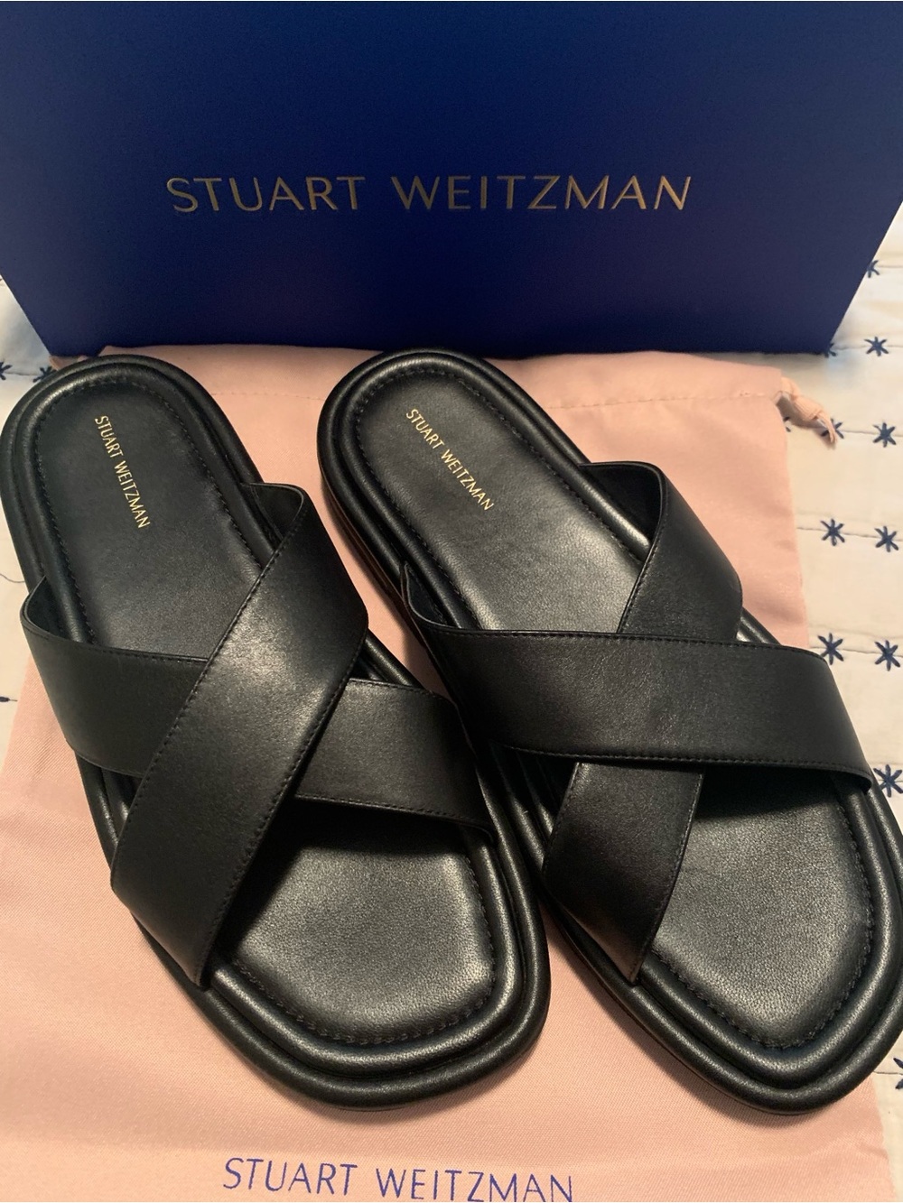 Stuart Weitzman Black Leather Crisscross Slide Sandals